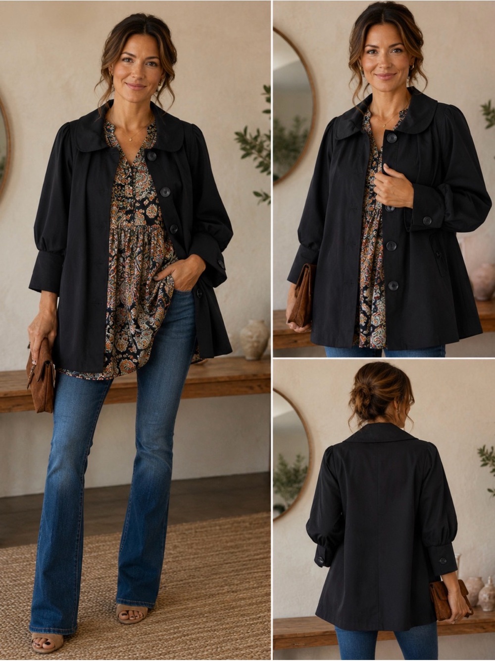 hazel Black Button-Front Trench Coat with Puff Sleeves